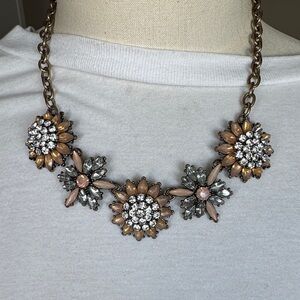 Vintage Floral Cluster Statement Necklace in Peach and Clear Crystals